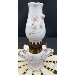Vintage Mini Oil Lamp White Porcelain Pink Flowers 50s